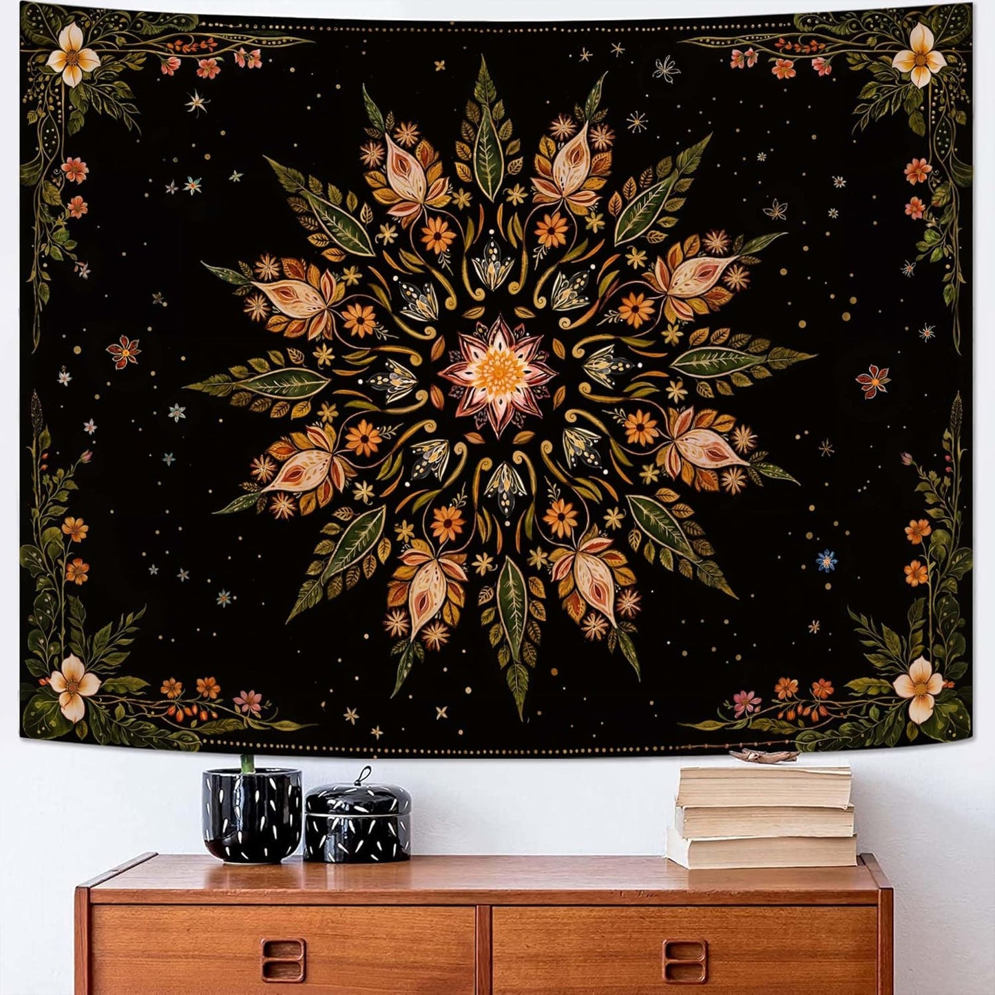 Fowocu Boho Floral Mandala Tapestry for Bedroom Aesthetic Vintage Bohemian Flower Wall Tapestry Black Green Hippie Indian Tapestries Wall Hanging for Living Room Dorm Decor 60 x 44 Inch