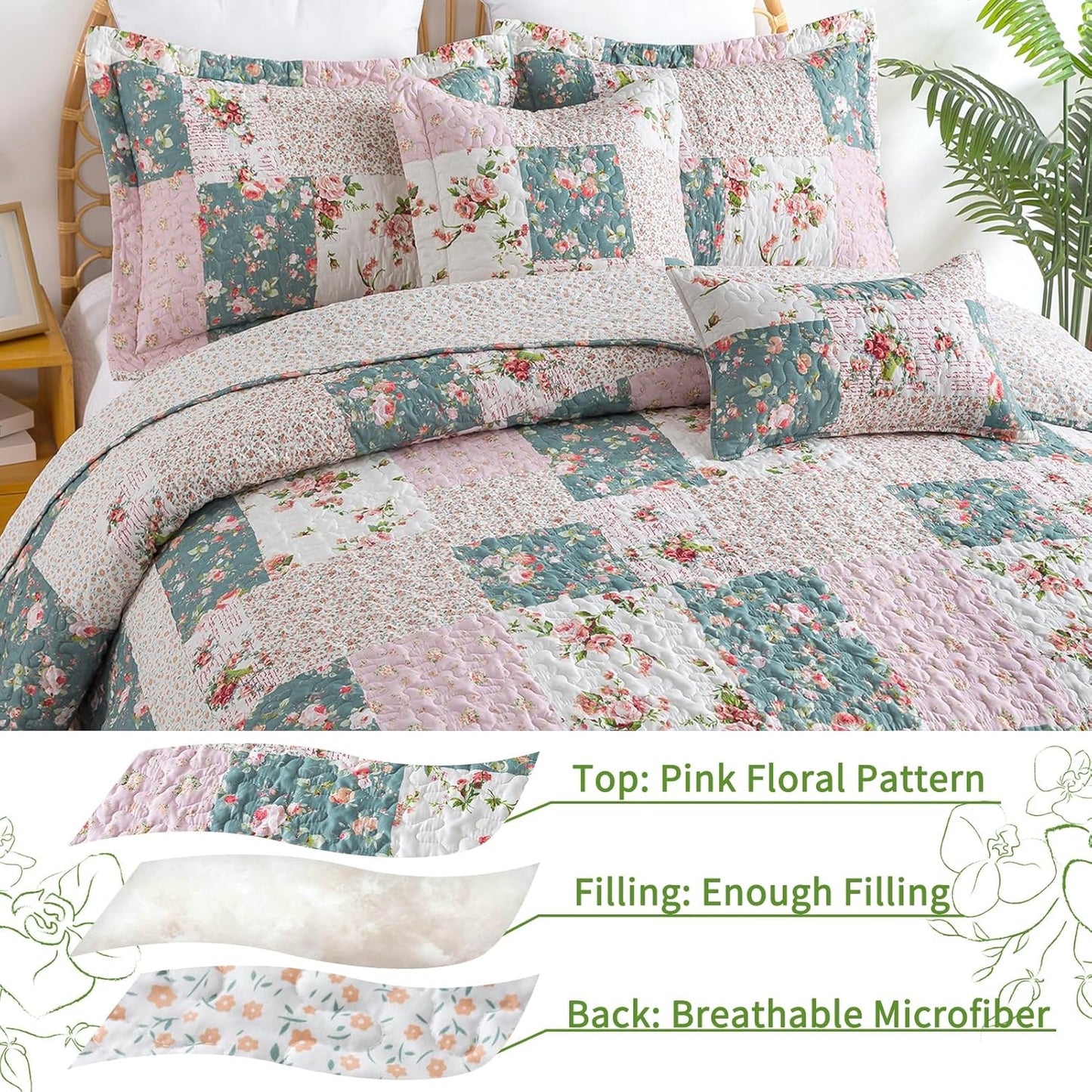 VAPUTAR Pink King Size Quilt Bedding Set - Gaeden Style King Size Bedspreads with Floral Pattern - Lightweight Farmhouse Cotton-Filled Quilts King Size for Bed Decorations, 3 Pieces