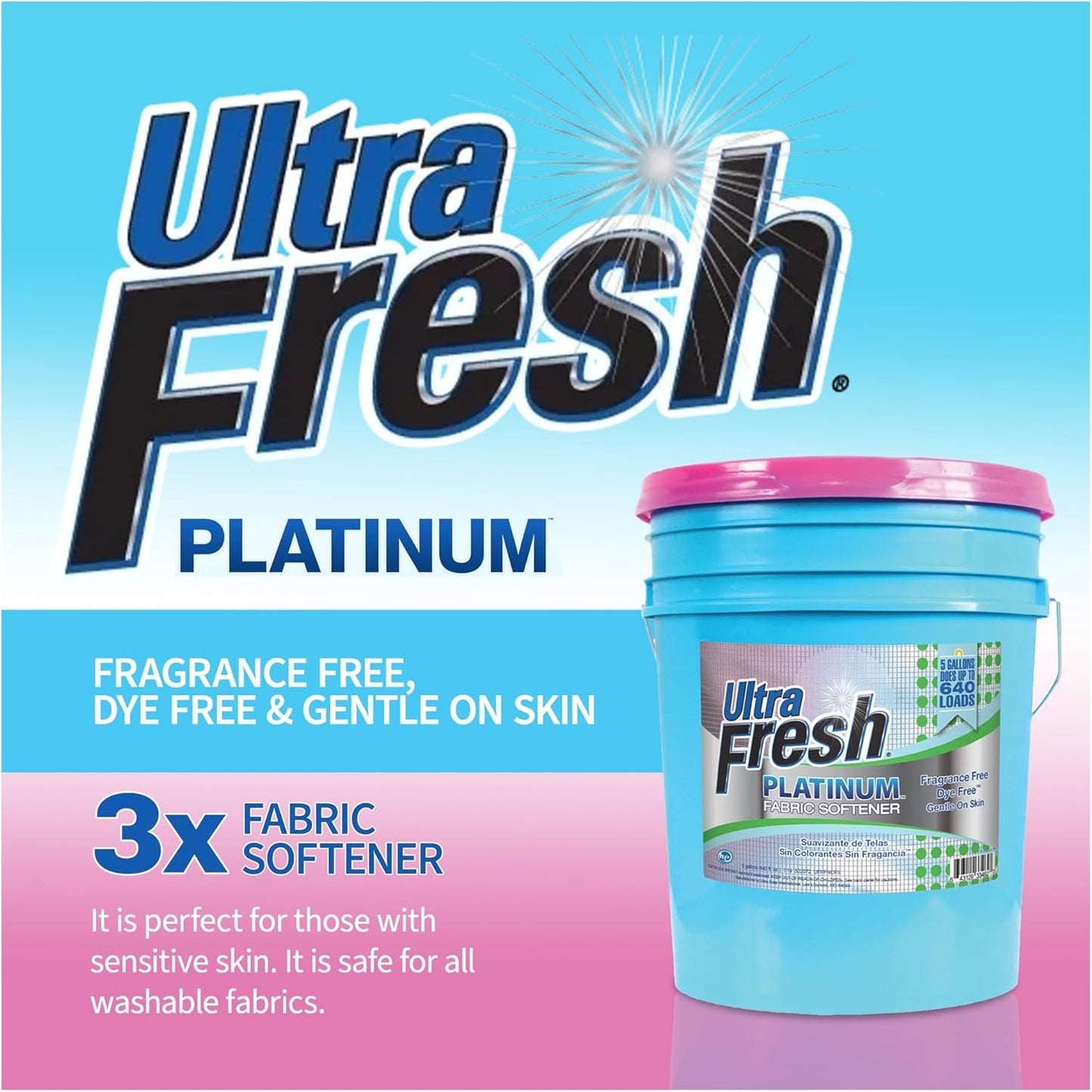 Ultra Fresh 5 Gallon Platinum Fabric Softener for All Machine Types, Liquid Laundry Softener, Up to 640 Loads, Fragrance & Dye Free