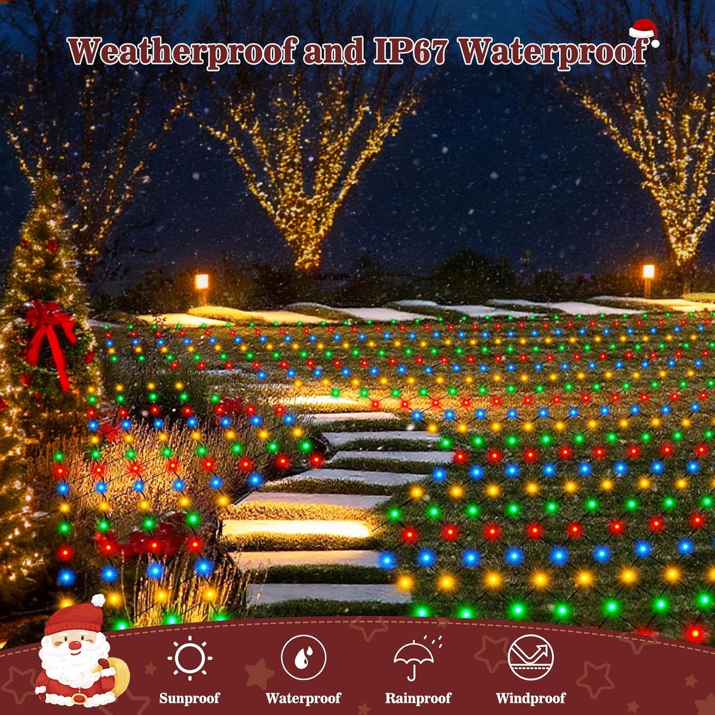 Christmas Net Lights 360 LED Outdoor 12FTx5FT Christmas Mesh Lights Connectable IP67 Waterproof Colorful Decorations Fairy String Light 8 Modes for Indoor Xmas Tree Bush Garden Decor Party-Multicolor