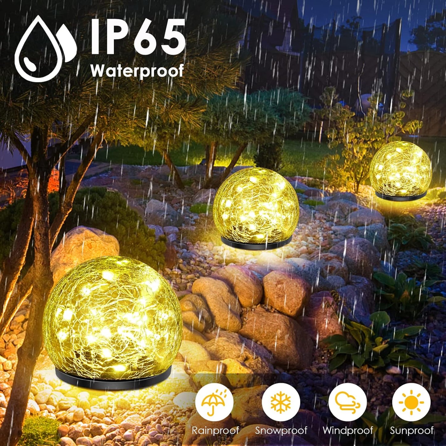 Solar Garden Lights, 4 Pack 120 LED Warm White Cracked Glass Outdoor Decorative, Upgraded Waterproof Ball for Yard Pathway Patio Lawn Christmas Outside Decor, 3.94"