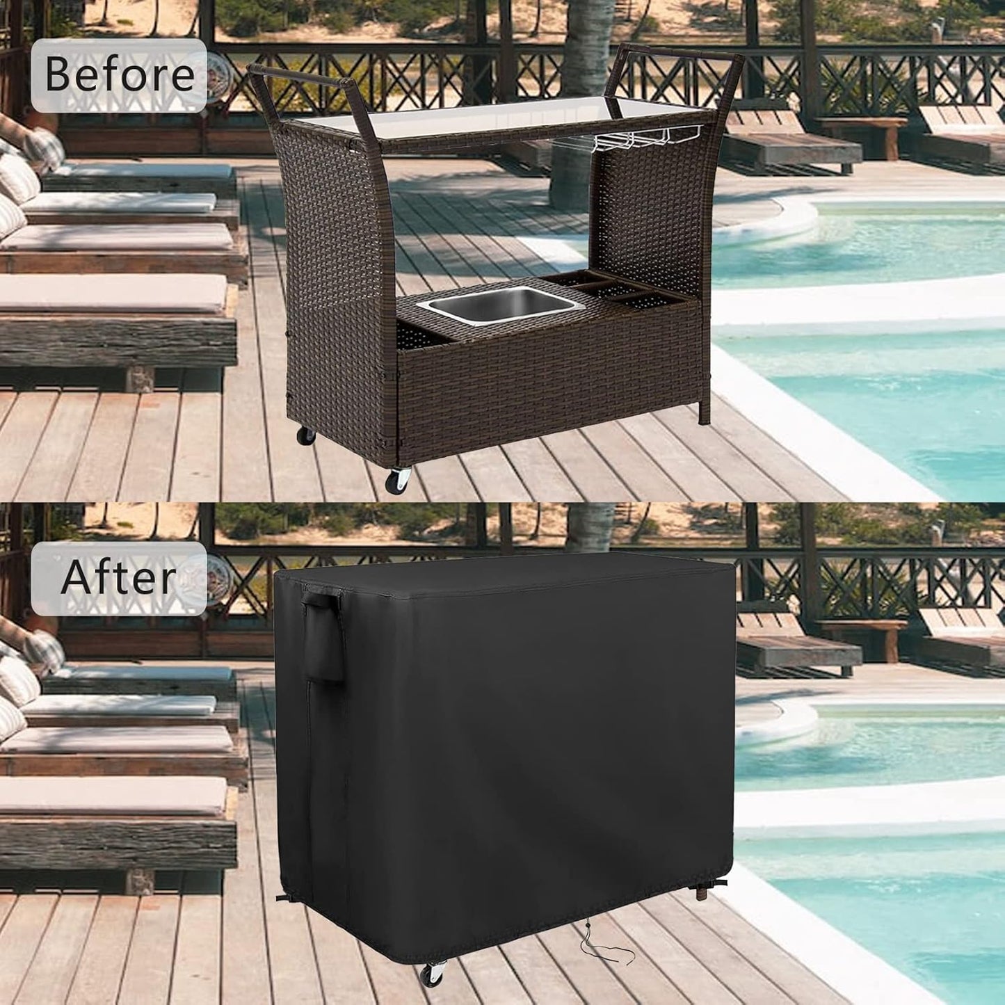 Kingling Outdoor Table Cover for Wicker Bar Cart, 44 Inch Waterproof Patio Bar Table Cover for Outdoor Beverage Serving Cart- 44''L x 19''W x 36''H(Black)