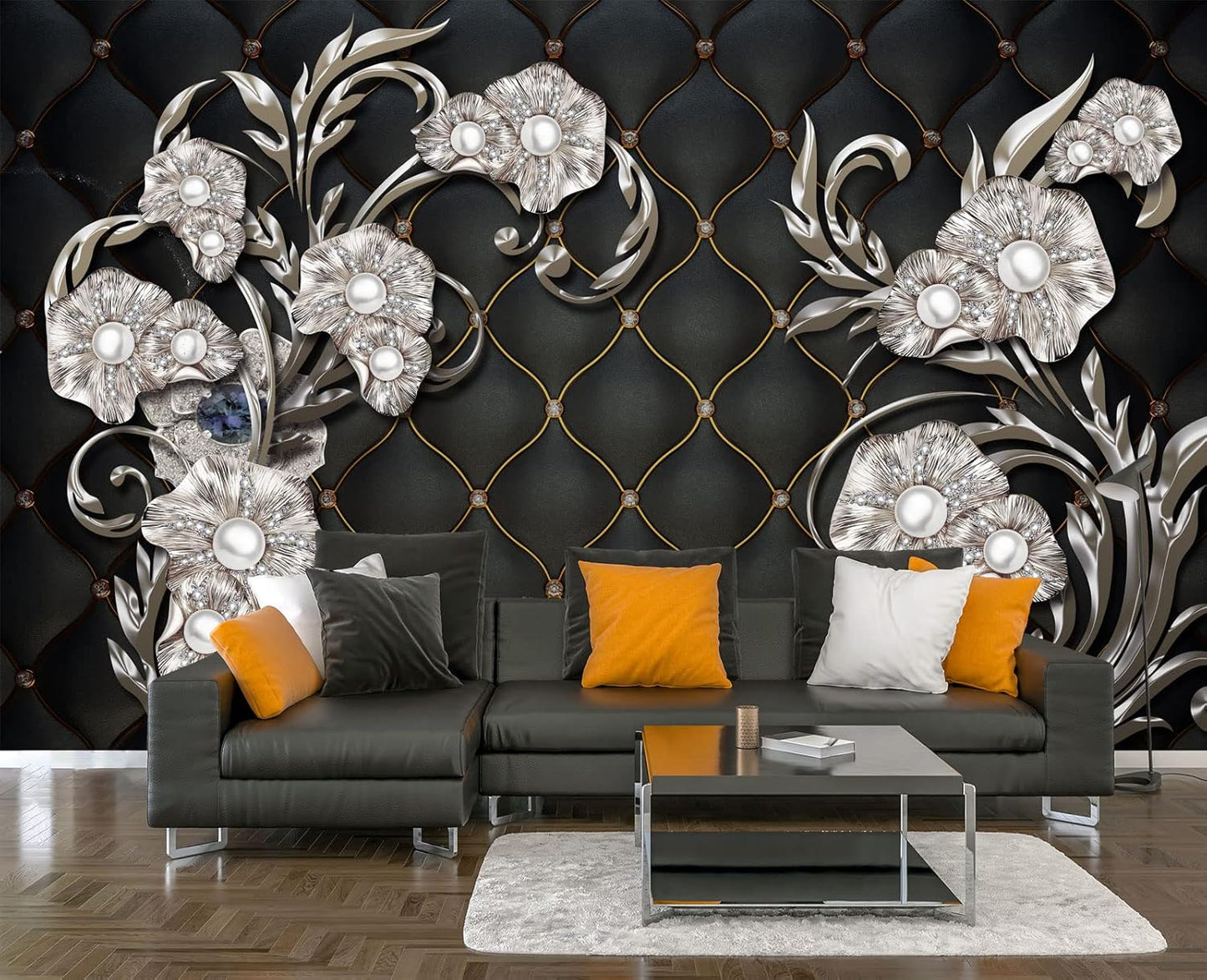 Black Hard Wrapped Pearl Embossed Flowers Wall Mural Wallpaper for Bedroom 103" x 69"