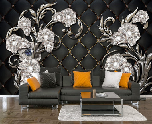 Black Hard Wrapped Pearl Embossed Flowers Wall Mural Wallpaper for Bedroom 103" x 69"