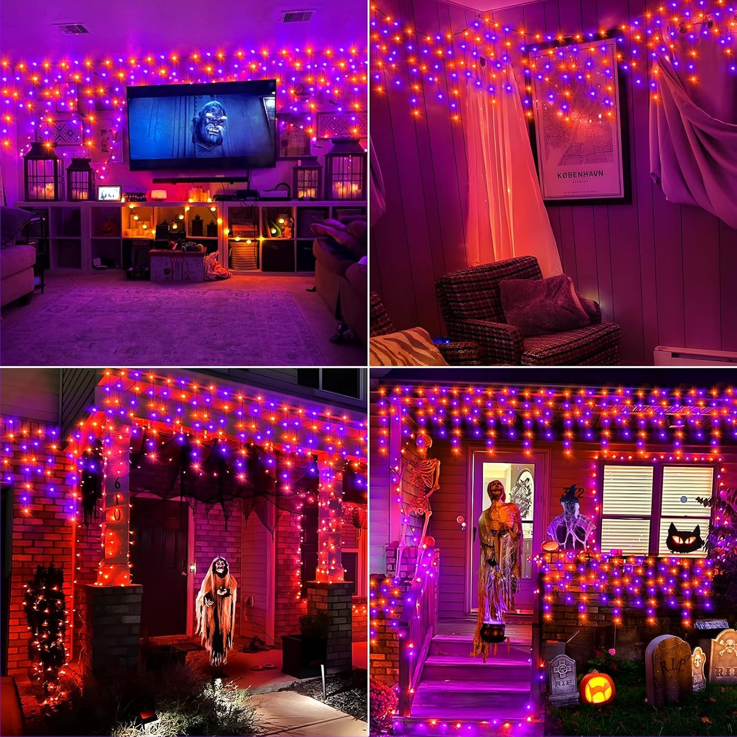 KNONEW 33FT 400 LED Orange Purple Halloween Lights Outdoor Black Wire String Lights with 75 Drops, 8 Lighting Modes, Timer Memory Function Connectable Hanging Curtain Lights for Halloween Party Decor