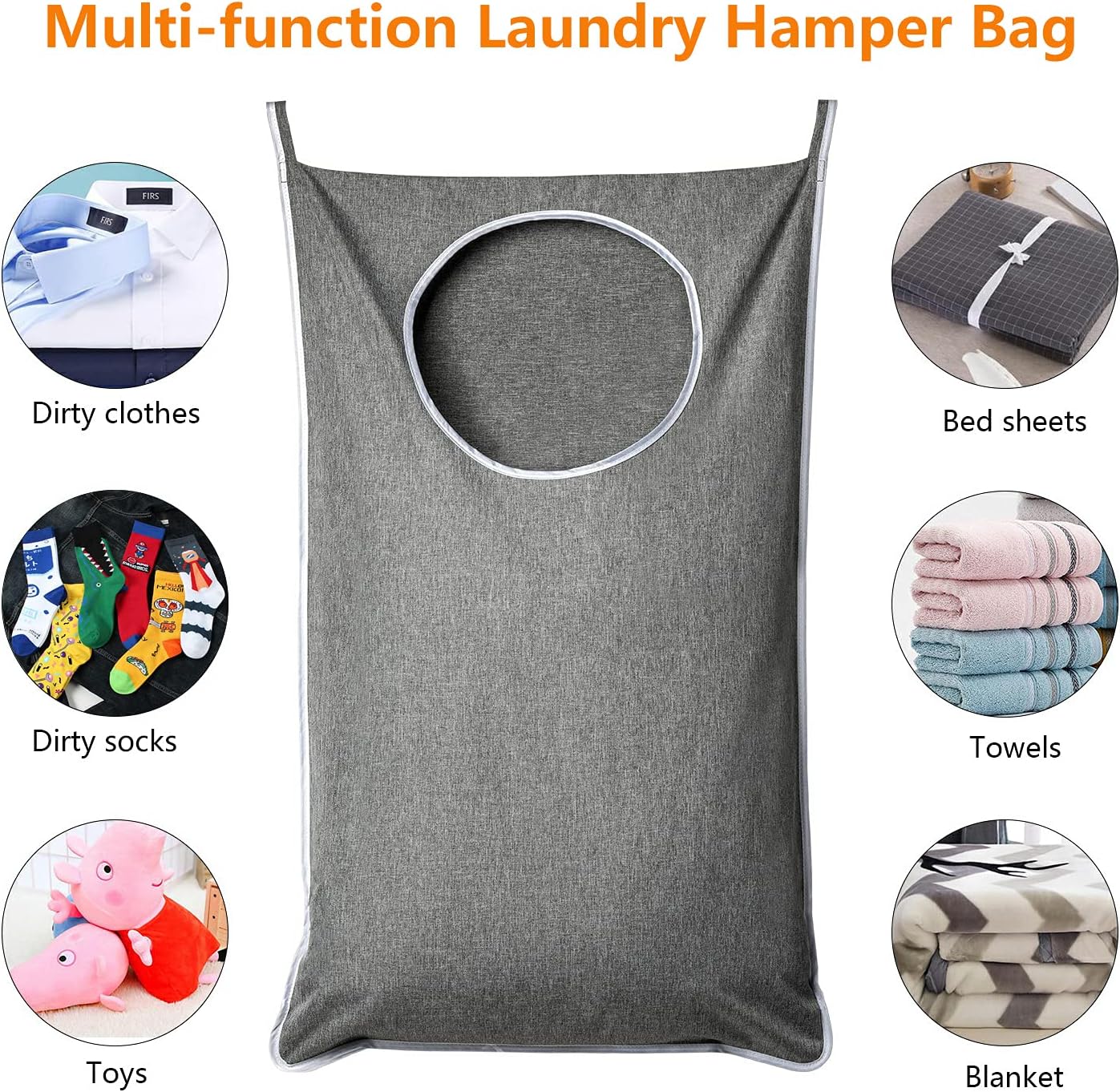 XL Hanging Laundry Hamper, Extra Large Tear-resistance Door Hamper with 2 Types Hooks for Dirty Clothes, Save Bathroom Space Hanging Laundry Bag (36.5x 22 Inch,Grey)