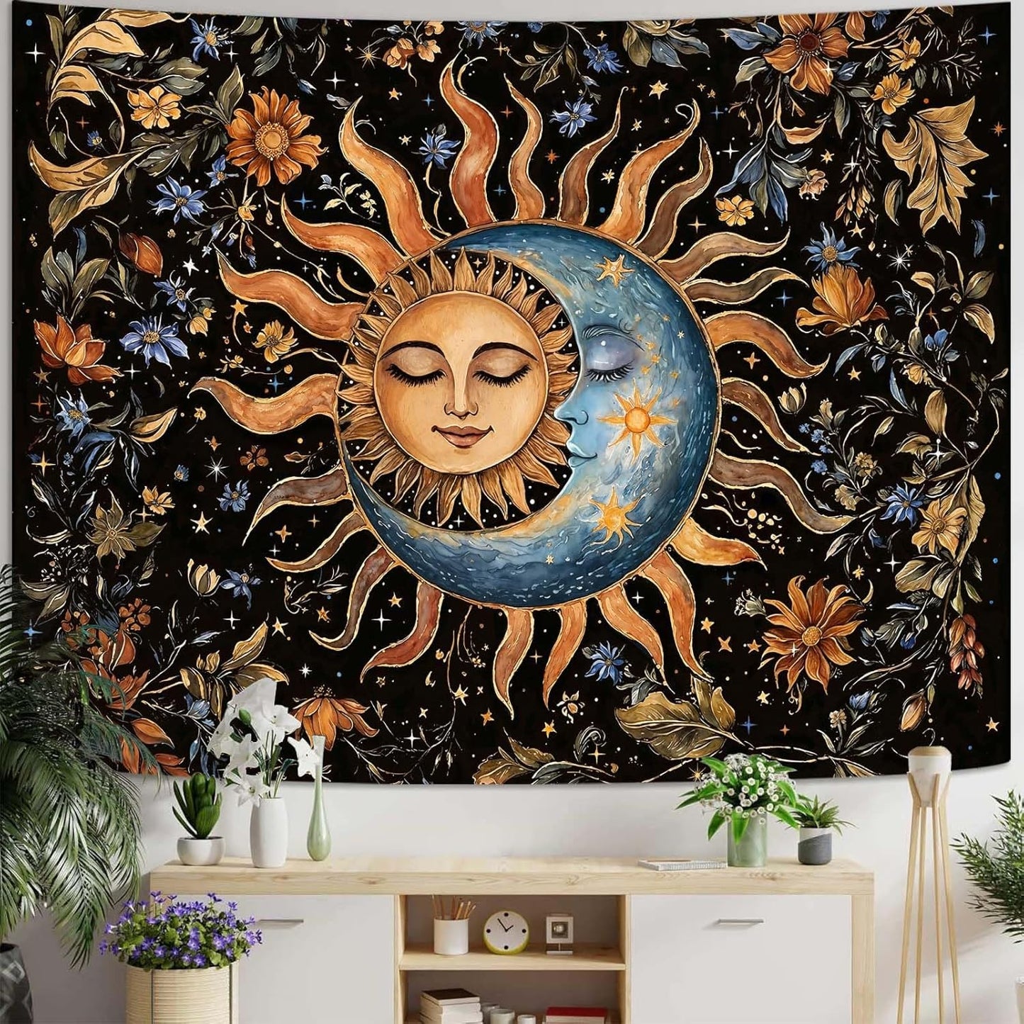 Aipon Sun and Moon Tapestry for Bedroom Boho Vintage Floral Hippie Wall Tapestry Aesthetic Retro Flower Plant Small Tapestries Wall Hanging for Living Room Dorm Decor 48 x 36 Inch