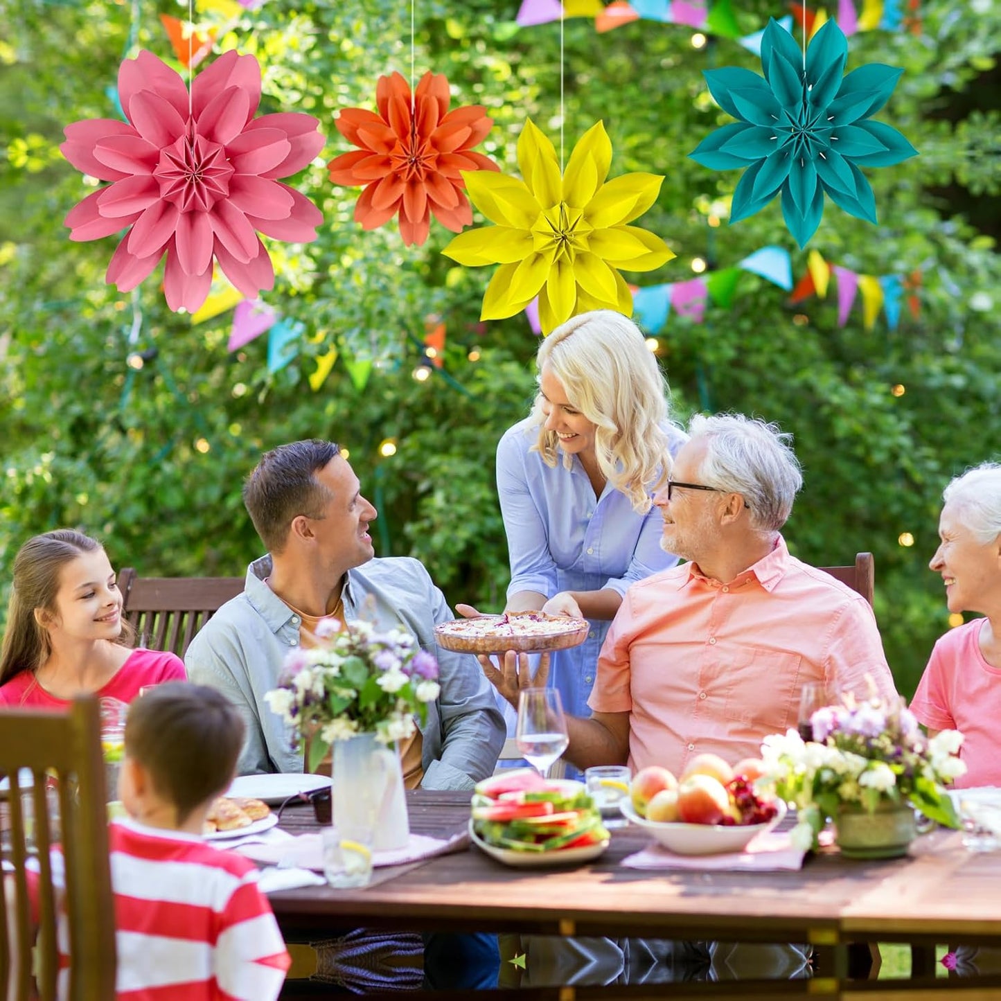ADLKGG Hanging Colorful Paper Flower Fans Decorations, Flower Paper Fan Event Accessory for Tea Party, Wall Background Birthday, Wedding, Summer Party, Classroom Decor, Nursery Decoration, Set of 4