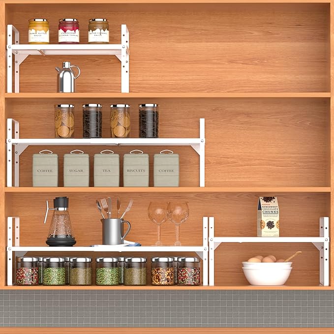 iPEGTOP Expandable Cabinet Storage Shelf Organizer Rack, Heavy Duty Cupboard Stand Spice Rack Adjustable Height Garage Pantry Shelf Space Riser for Counter Kitchen Organization, White, 1 Pack