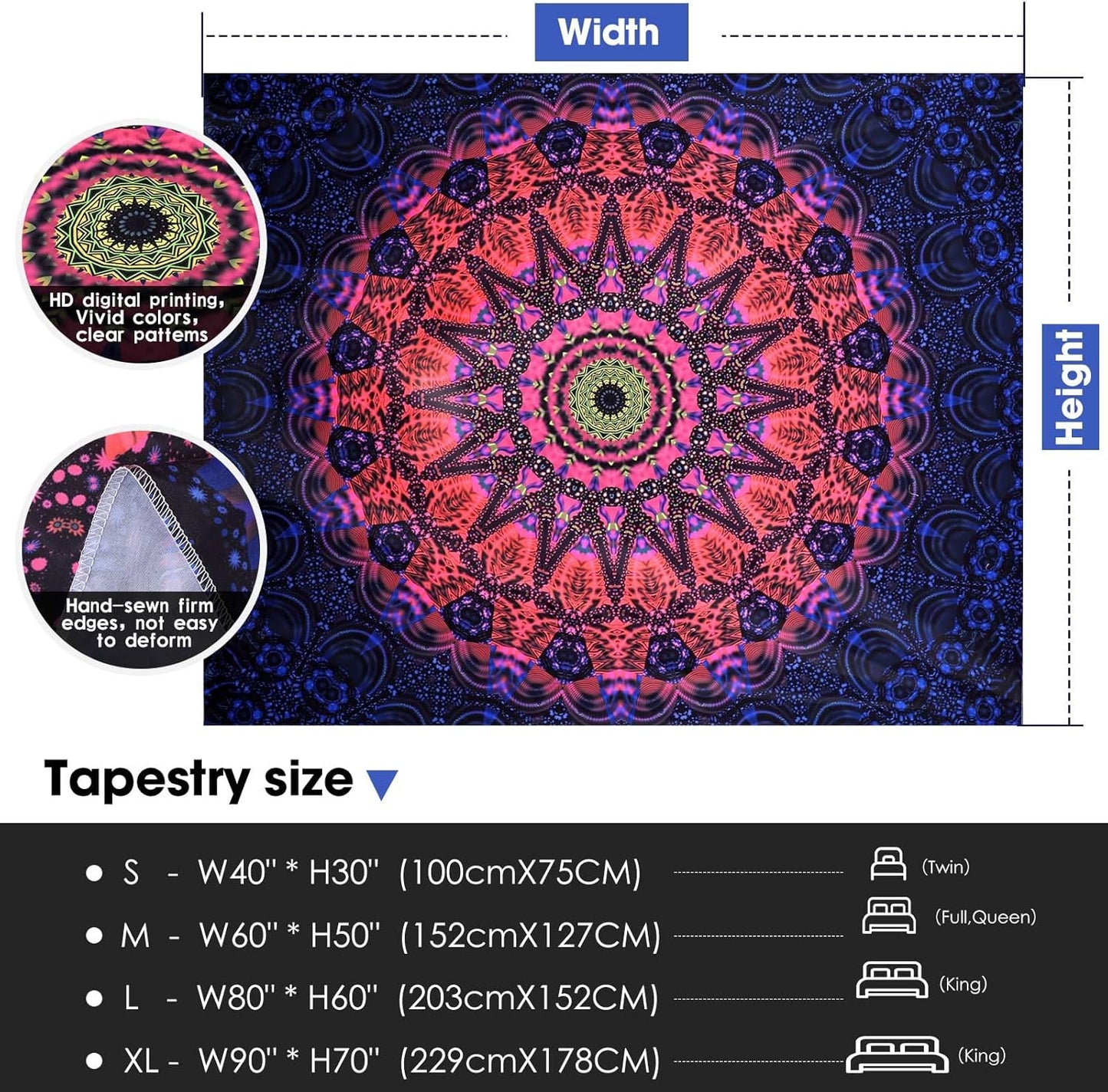 ADDWel Blacklight Mandala Boho Tapestry Glow In The Dark, Black Light Bohemian Hippie Poster Wall Hanging for Bedroom Aesthetic Wall and Room Decor (60" x 80", Mandala)
