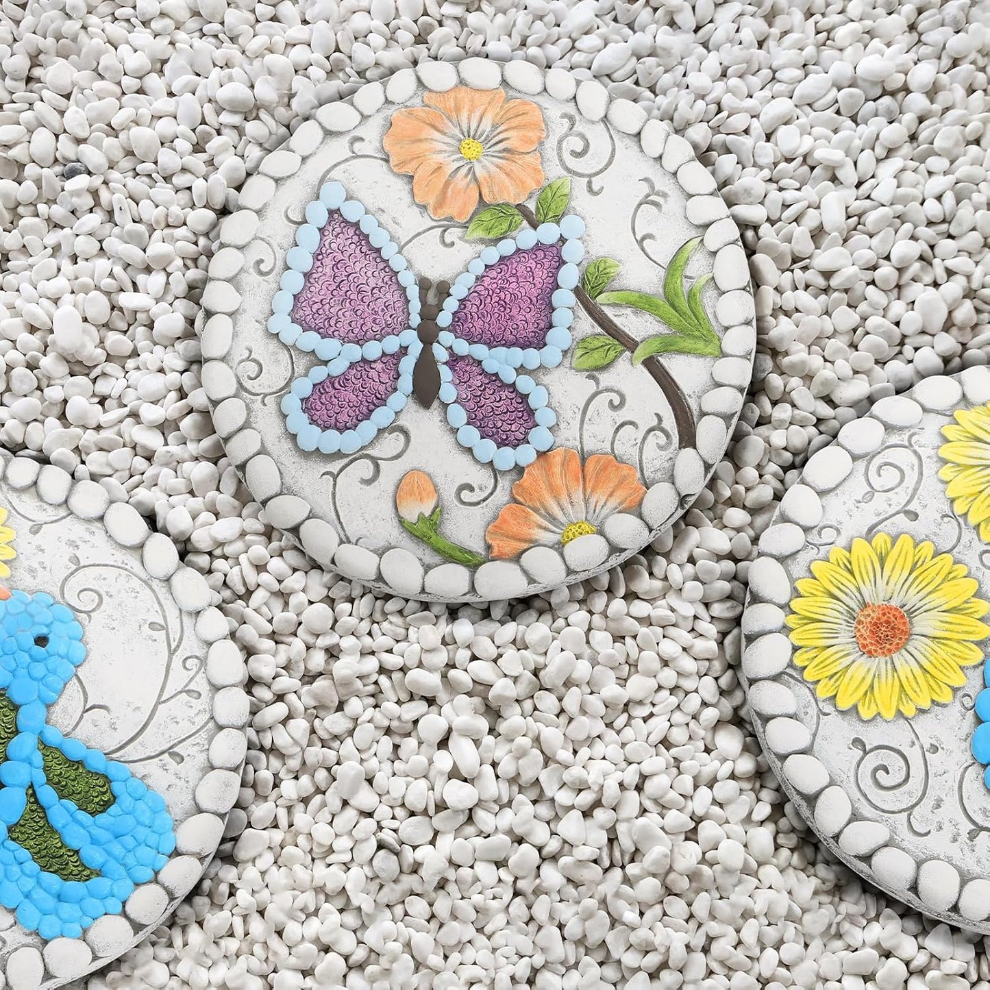 Garden Stepping Stones Set of 2 Butterfly Outdoor Garden Decor 10 inch Round Decorative Stones Pavers for Garden Walkway Landscaping, Hummingbird Gifts (N6-YYD334)
