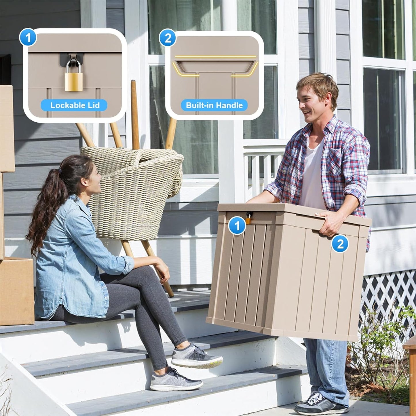 Vixzen 50 Gallon Resin Deck Box, Lockable Outdoor Storage Box for Patio Cushions Storage Furniture,Garden Tools, Pool Supplies, Weatherproof and UV Resistant- Grey