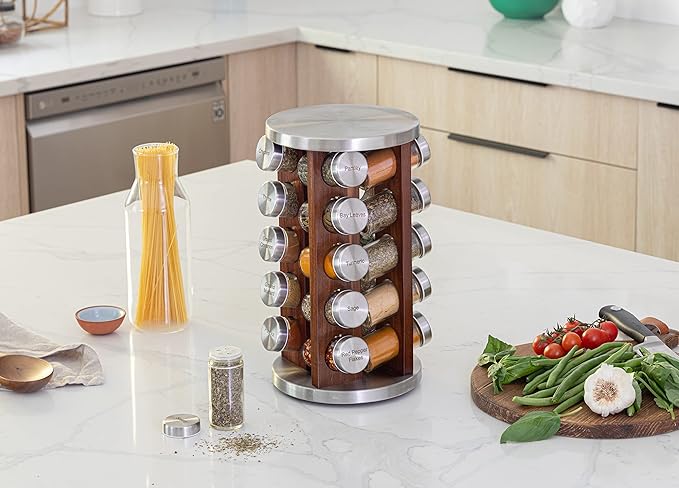 Orii 20 Jar Dark Acacia Wood Spice Rack with Spices Included - Rotating Tower Organizer for Kitchen Spices and Seasonings, (Dark Stained Acacia Wood)