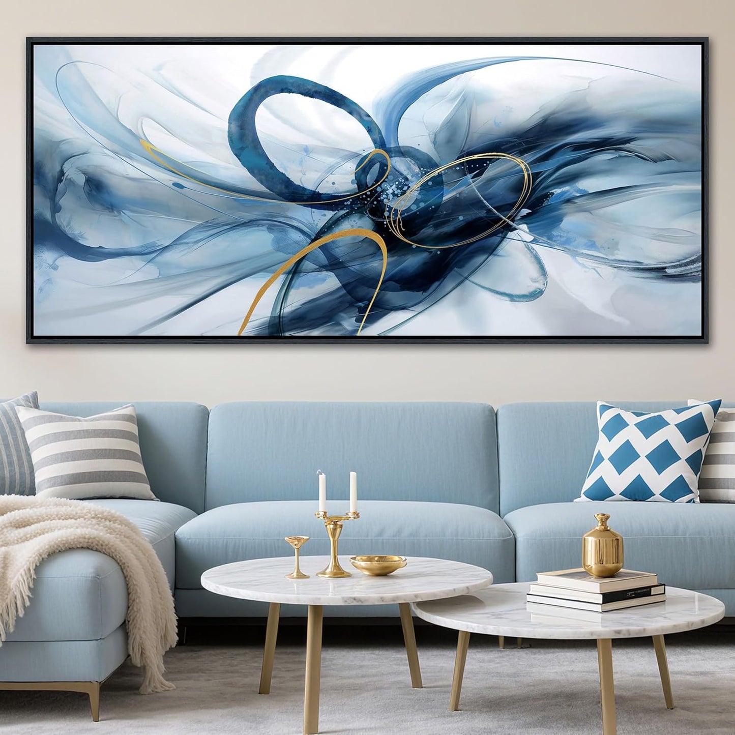 XLSJERST Abstract Wall Decor Living Room - 86x39 Inches Modern Canvas Wall Art Blue and White Picture Artwork for Office Bedroom Home Decoration
