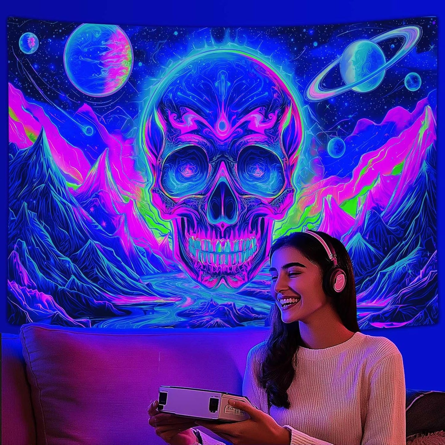 Blacklight Skull Tapestry, UV Reactive Gothic Skeleton Mountain Galaxy Planet Wall Hanging Tapestries, Glow in the Dark Horror Face Halloween Aesthetic Poster for Bedroom Living Room Decor 60X51IN
