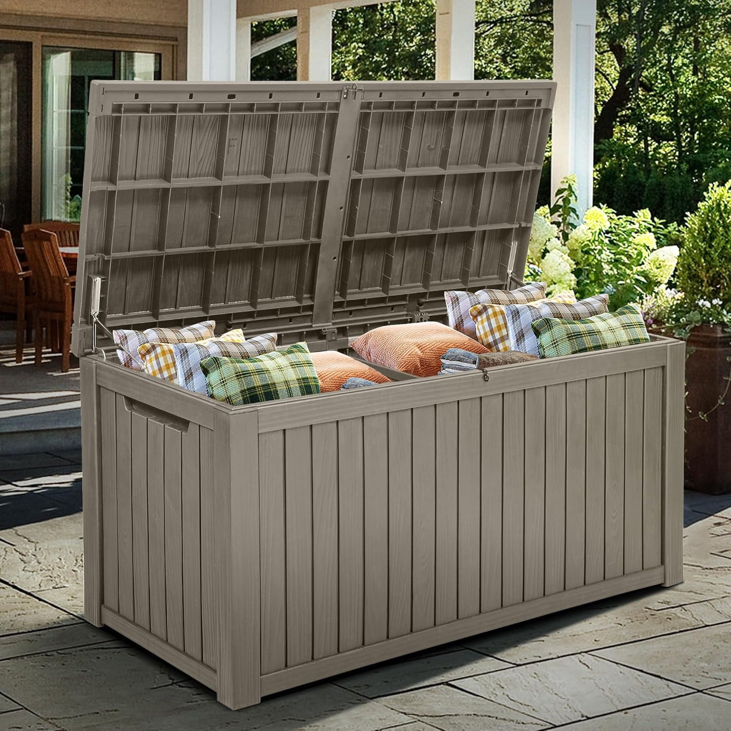 YITAHOME 180 Gallon XL Outdoor Storage Deck Box with Divider, Waterproof & Lockable, Ideal for Patio Furniture and Garden Tools, Resin-Built, Wood-Like Texture, Brown