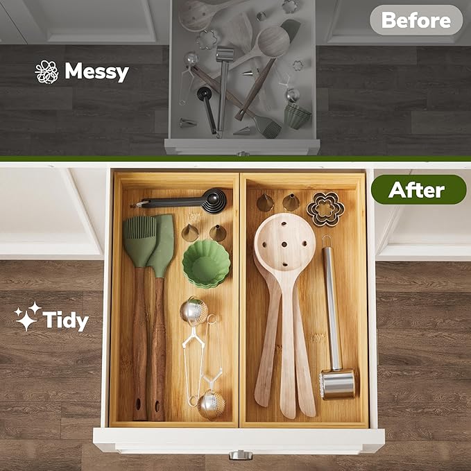 BAMEOS Deep Utensil Drawer Organizer, Bamboo Silverware Organizer for Kitchen Drawer Storage Flatware Junk Cutlery Jewelry 14"x 6.8" Set of 2 (Natural)
