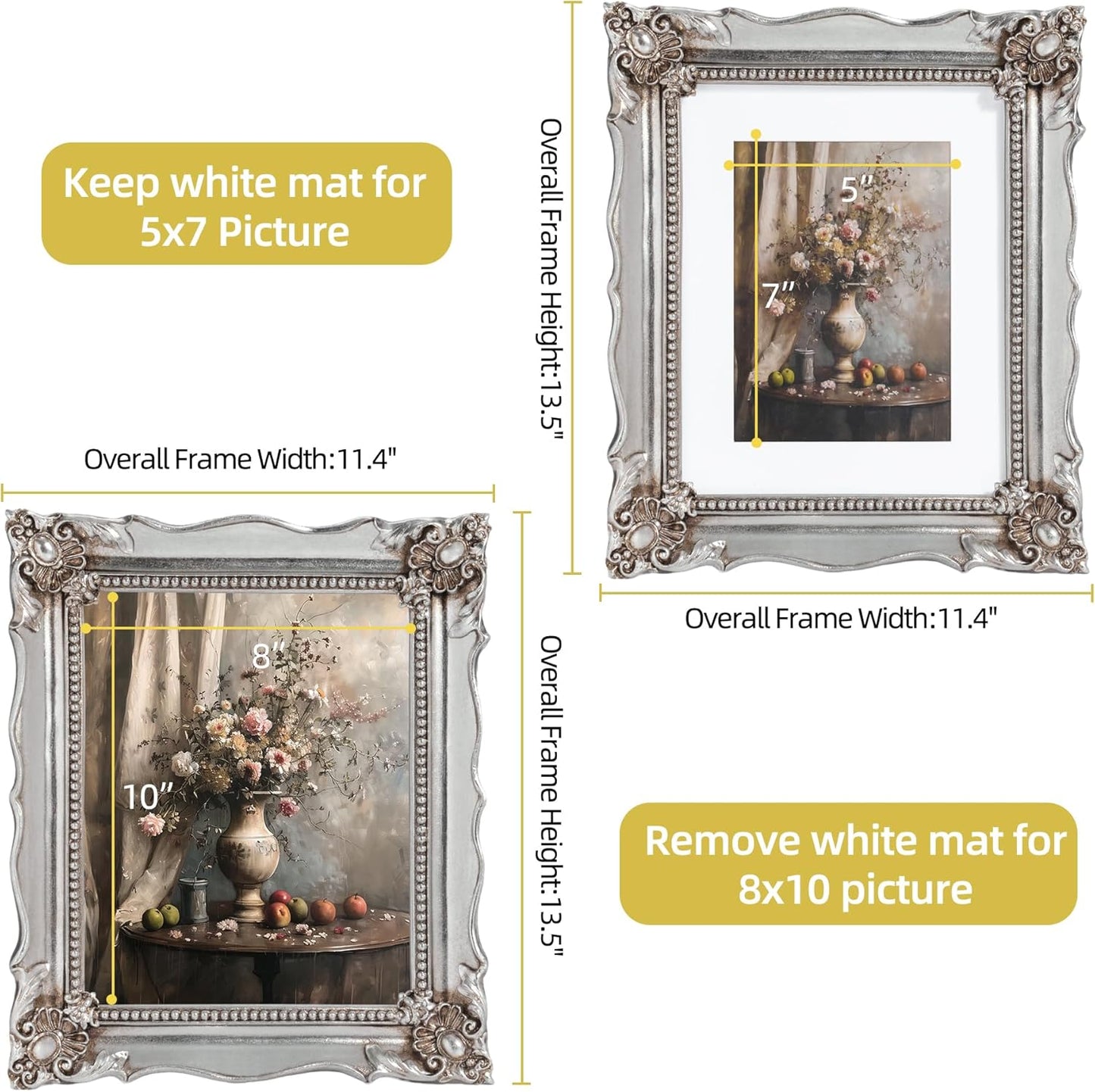8x10 Vintage Picture Frame with Embossed Flower Design, Silver Ornate Frame for 8x10 or 5x7 Pictures with White Mat, Hand-Crafted Resin Antique Frames for Tabletop & Wall Hanging, Home Decor (Silver)