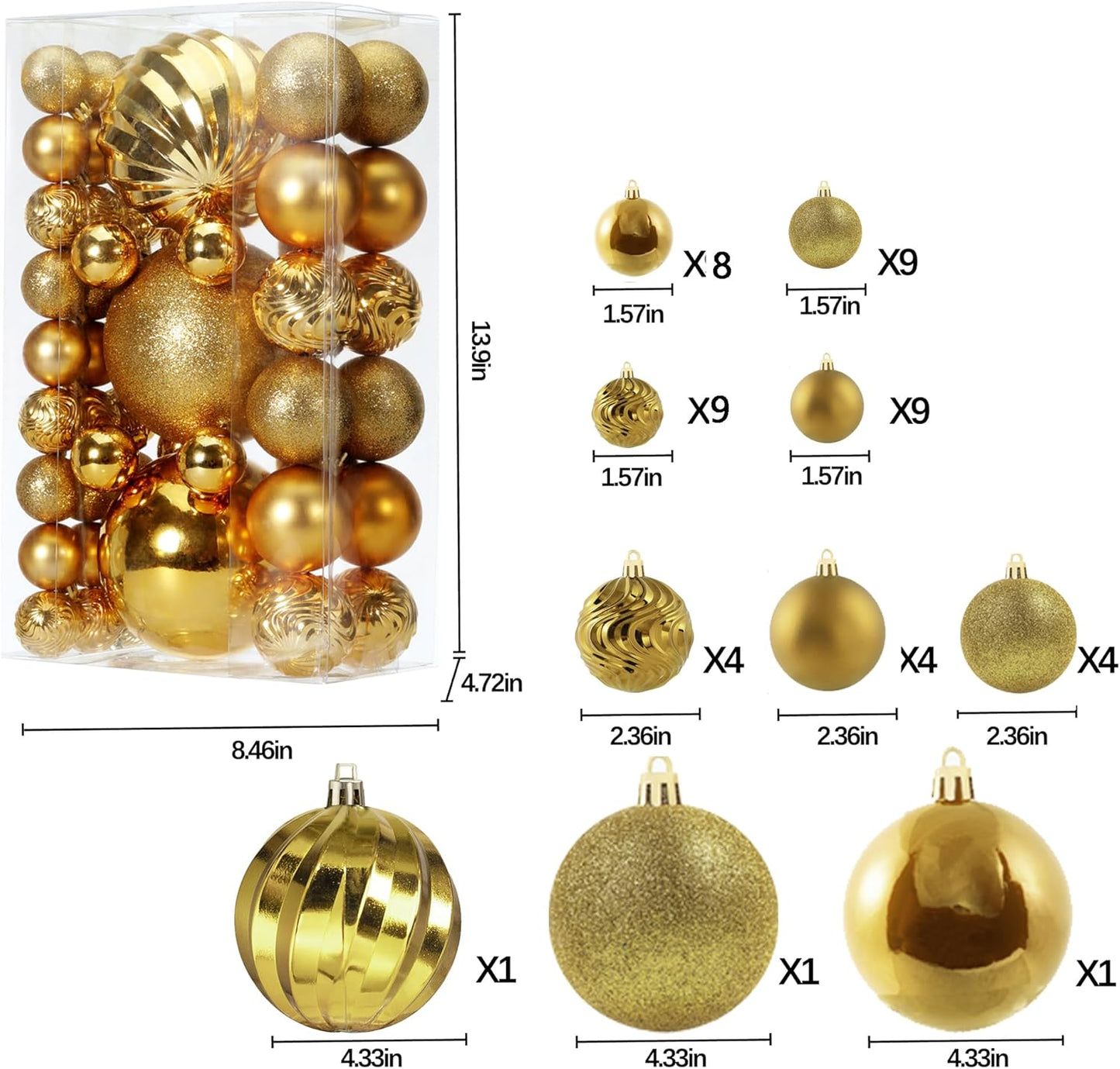 Christmas Ball Ornaments for Xmas Decorations,50 pcs Christmas Extra Large Tree Shatterproof Ornaments-Gold (Combo of 5 Style in 3 Sizes)