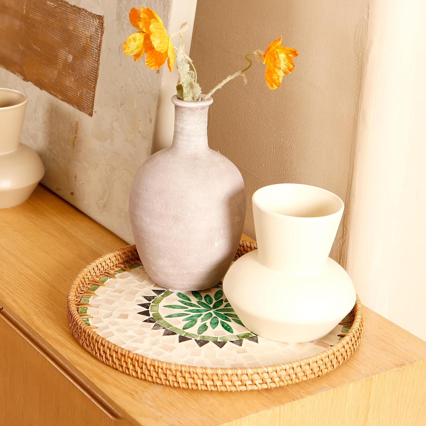 Round Rattan Tray with Mother of Pearl Inlay & Wooden Base - Decorative Wicker Serving Tray for Coffee/Bread/Fruits, Food Storage & Display - Multipurpose Home Decor (M,Bohemia)