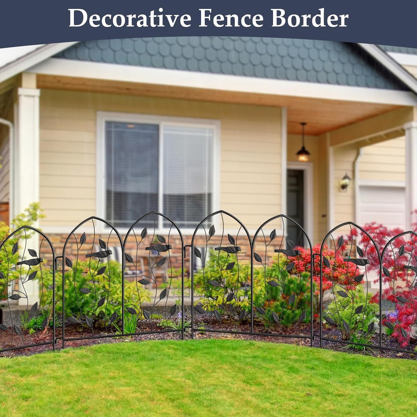 Vintage Decorative Garden Fence 6 Pack, 24in(H) x 10Ft(L), Metal Garden Fencing Panel, Landscape Pathway Edge Iron Picket Fence Panels (Black)
