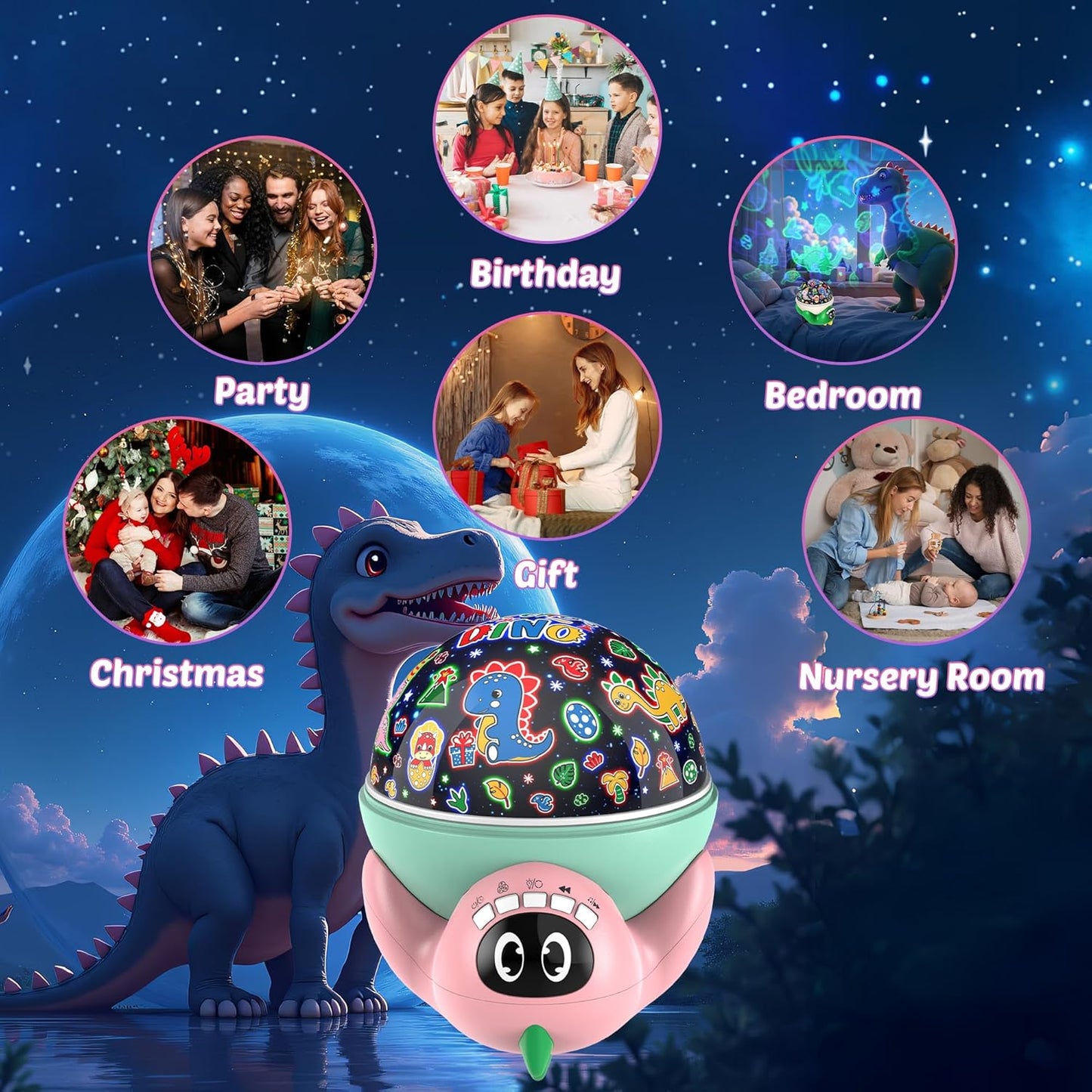Dinosaur Night Light Projector for Kids Pink Dino Toys for Boys, Star Night Lights with Music and Timer, 17 Mode Color Changing Lamp with Remote, Christmas Birthday Gift for Baby Girl Boy