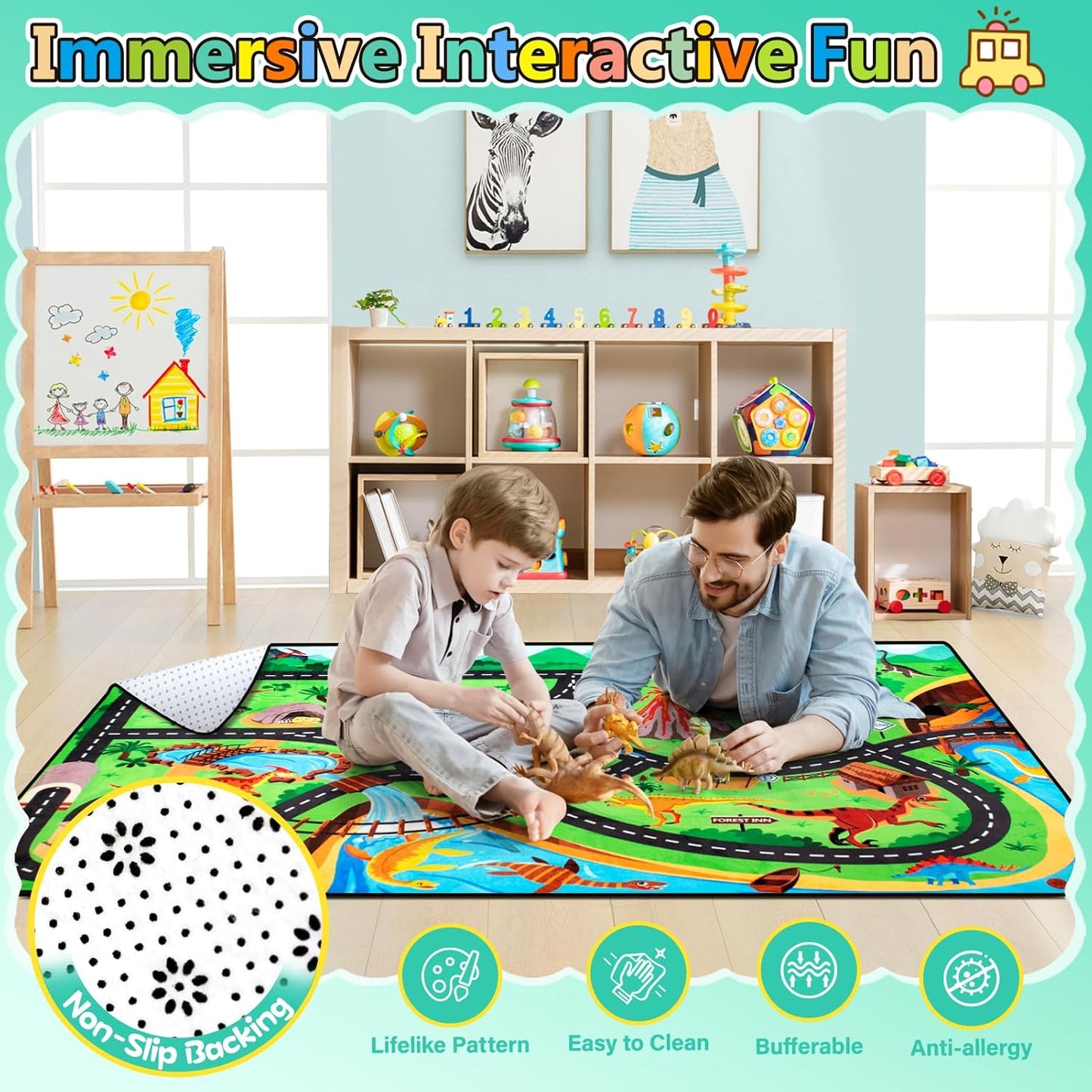 Kids Rug, Car Carpet for Kids' Toy Cars, 5x7 Ft Dinosaur Rug, Dino Safari Road Mat for Playroom, Educational Learning & Game Area Baby Play Mat Carpet for Children