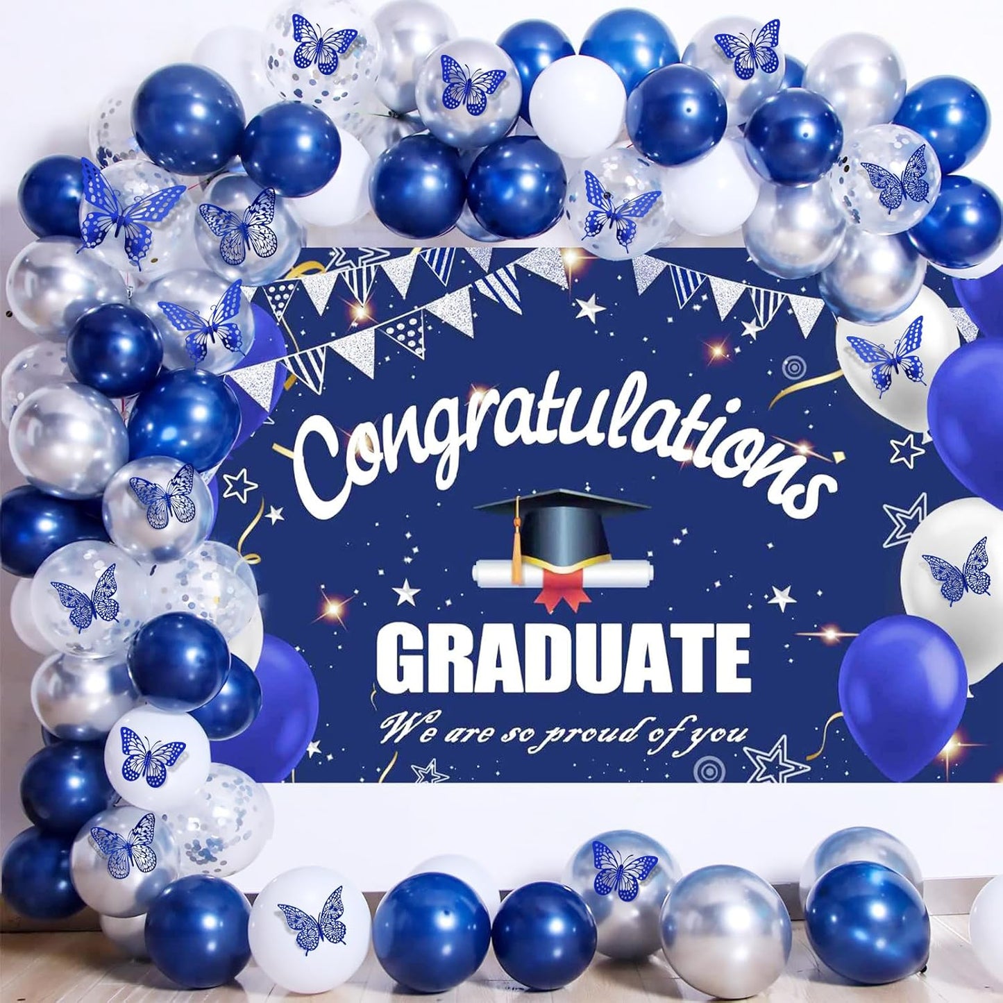 SAOROPEB Butterfly Wall Stickers, 48 Pcs 4 Styles 3 Sizes, Metallic Paper, Removable, Navy Blue, Art Deco Decor for Wall