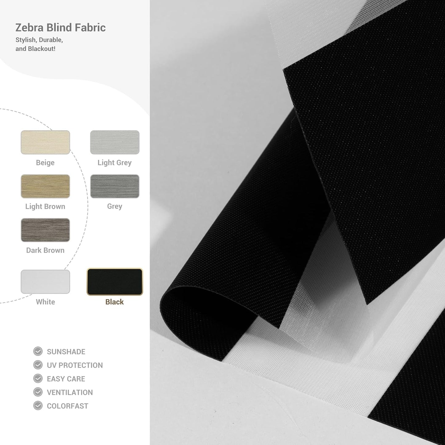 Cordless Zebra Blinds for Windows, Blackout Interior Blinds,Easy to Install,UV Protection,for Offices and Home,Custom Roller Shades, Solid Black, 53" W x 48" H