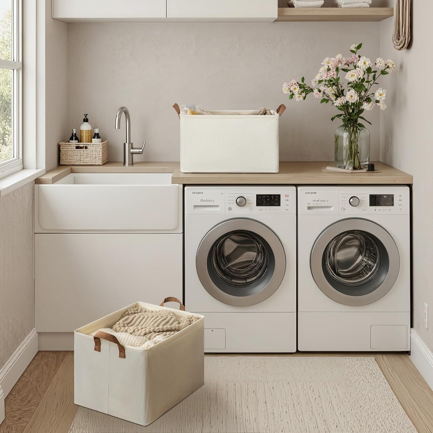 StorageWorks Storage Bins, Shelves Baskets for Organizing, 45L Extra Large Fabric Closet Organizers with Handles, Metal Frame, Beige（Texture）, 2-Pack