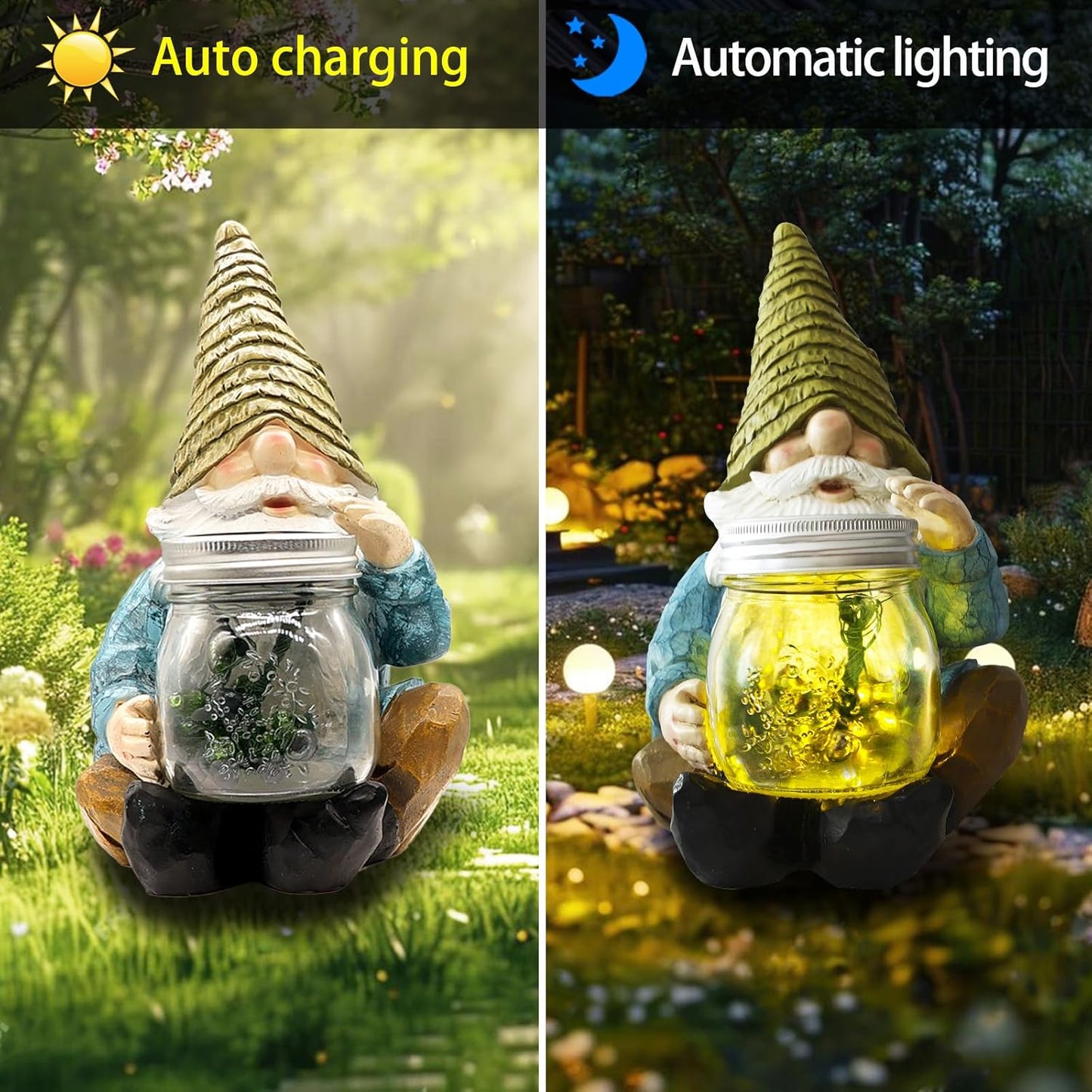 Solar Firefly Jar Gnome Waterproof- Large Garden Gnome Funny Solar Outdoor LED Lights Resin Statues 10.6" Lantern Figurines Decorations Birthday Gifts for Mom Women - Unique Housewarming Gifts