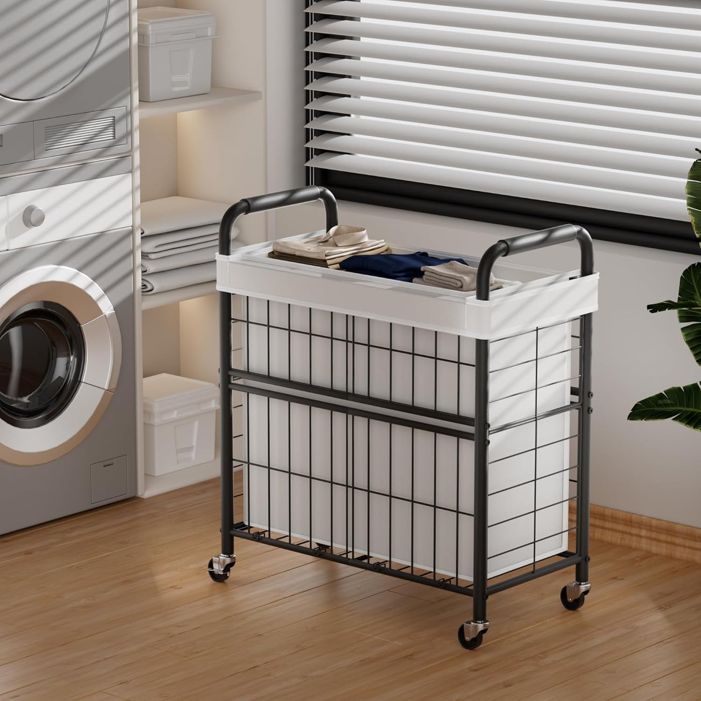 Laundry Hamper 3 Section, 145L Rolling Laundry Sorter Basket with Wheels, 3 Compartment Clothes Organizer Cart, Pull-Out Removable Bags for Laundry Room, Bathroom, Bedroom, White