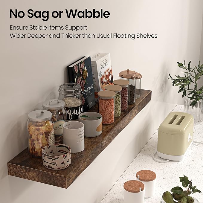 Floating Shelves for Wall, 40"W x 8"D x 1.5"H, Wooden Wall Mounted Display Shelves with Invisible Brackets for Living Room, Bedroom, Bathroom, Kitchen Decor and Storage, Set of 2, Rustic Brown