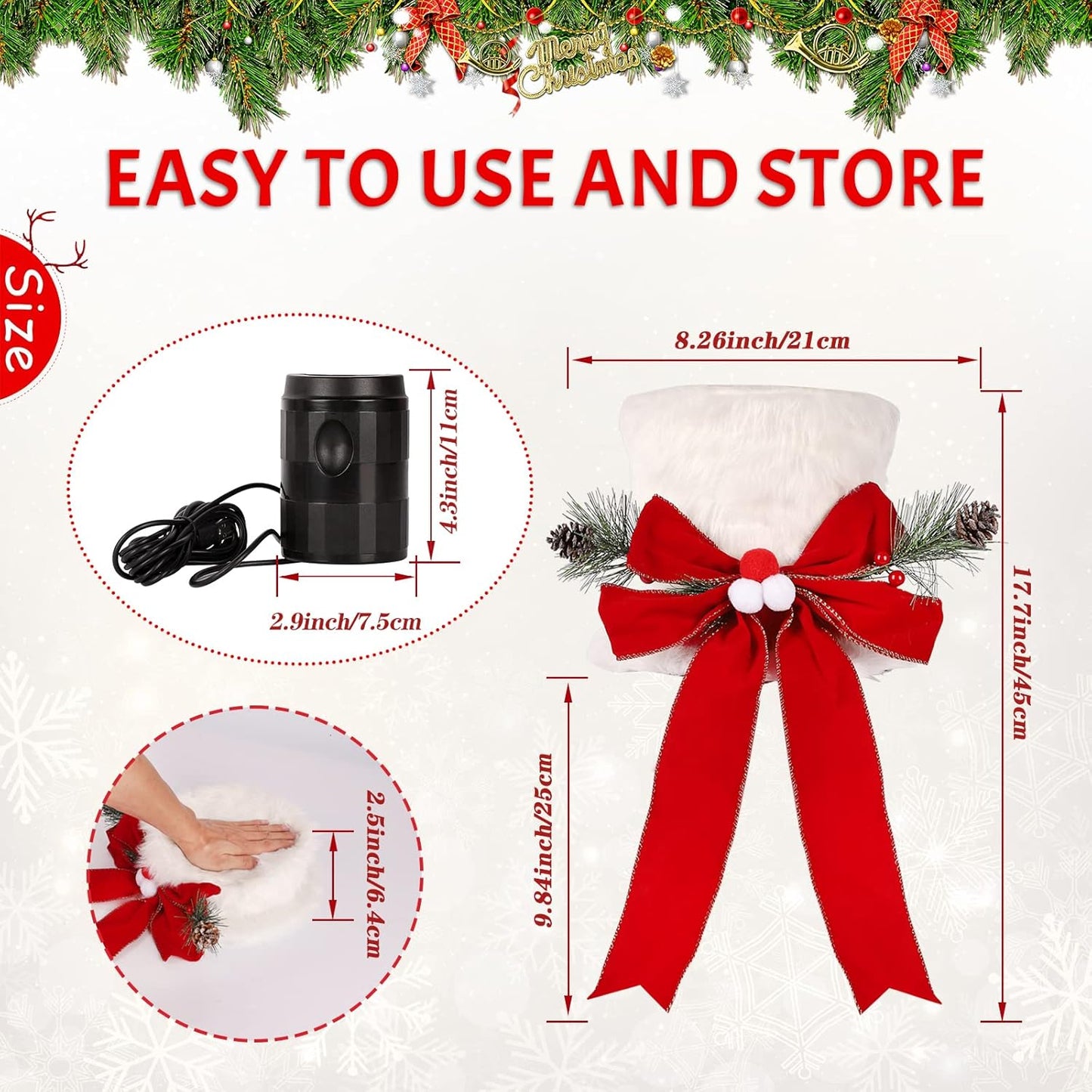 Christmas Tree Topper Hat with 3D LED Rotating Snowflake Projector, White Plush Tree Toppers Red Bow Decorations for Christmas Tree Holiday Winter Party Indoor Decorations