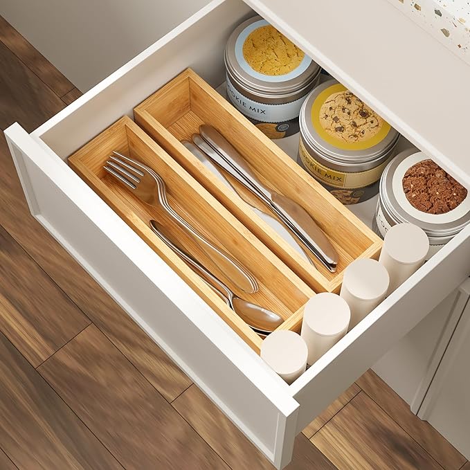 BAMEOS Kitchen Drawer Organizer,Small Silverware Drawer Organizer,Bamboo Utensil Organizer for Bathroom, Dressing Room, Office, Pantry (Natural, 11"x 3") Set of 2