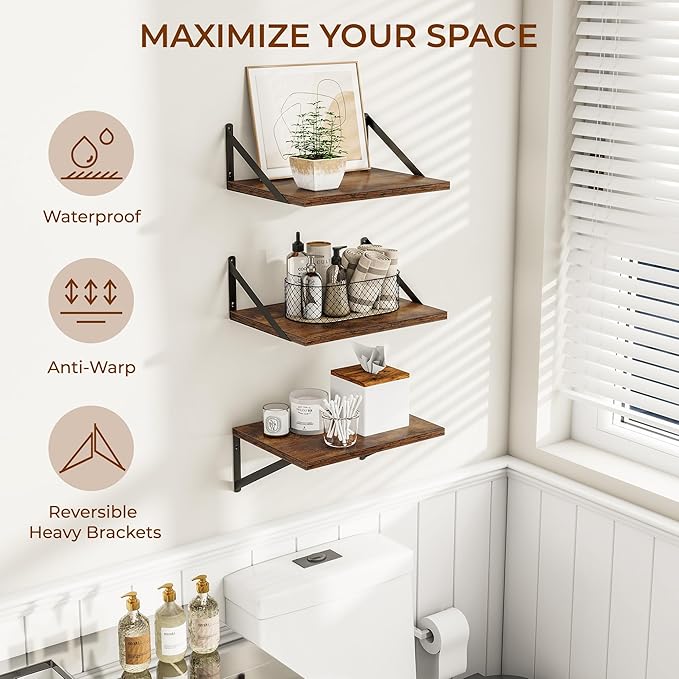 Heimlove Deep Floating Shelves for Wall, 12 Inch Deep Floating Shelves Set of 3, 16W x 12D Wood Wall Shelves, Wide Shelves with Metal Bracket for Living Room, Kitchen, Office, Bedroom - Rustic Brown