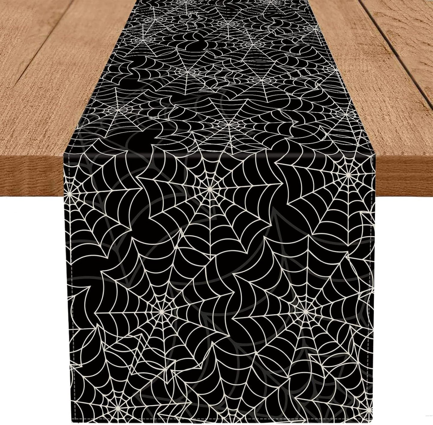 Halloween Table Runner Spider Web Black Linen Table Runners for Seasonal Holidays Indoor Outdoor Kitchen Dining Party Home Decor 13 x 60 Inch