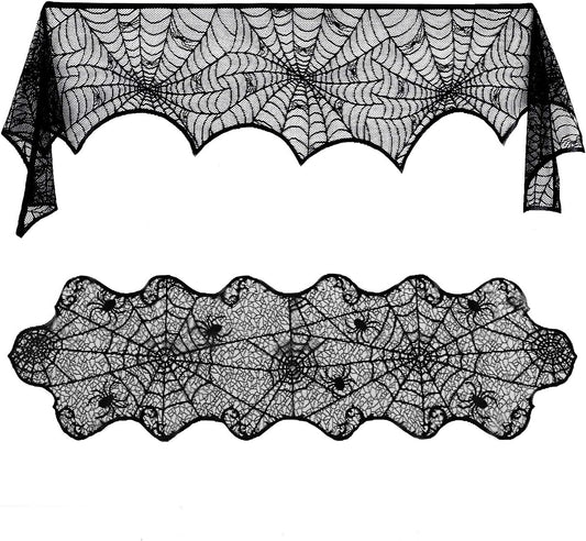Lulu Home Halloween Fireplace Decorations, Fireplace Mantle Scarf Cover and Table Cloth, Black Lace Spider Web for Table, Door, Window and Fireplace Decoration, Halloween Decoration