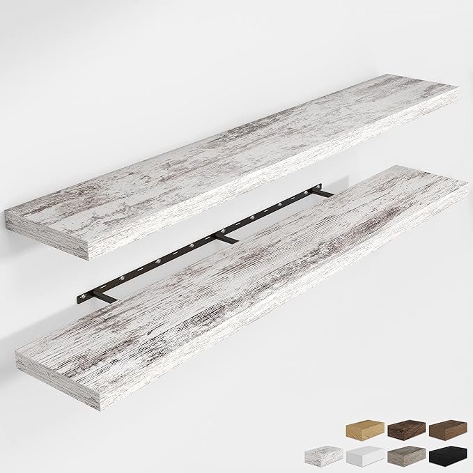 RICHFOCUS 72Inch Floating Shelves for Wall 2 Pack Shelves for Bedroom|Kitchen|Bathroom Wall Mounted Rustic Distressed Wood Floating Shelf with Invisible Brackets for Books|Storage|Decor, Rustic