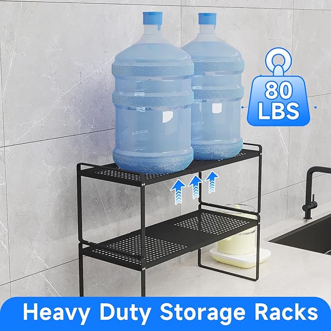 Expandable Kitchen Shelf Organizers, Kitchen Cabinet Organizer Stand Rack Organization for Countertop Cupborad Pantry, Black 3 Pack