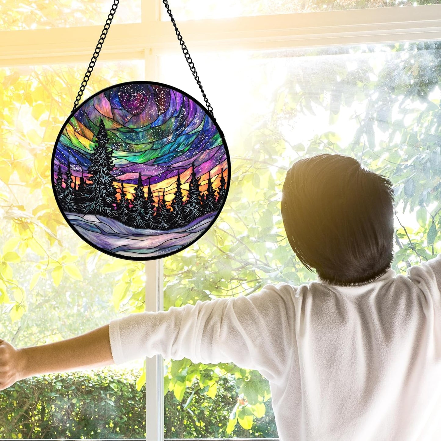 Stained Glass Window Hanging, Van Gogh Night Scene Sun Catchers Colorful Glass Panel Starry Sky Suncatcher Decor for Birthday for Women, Men, Wife, Aunt, and Mom 9.8 in