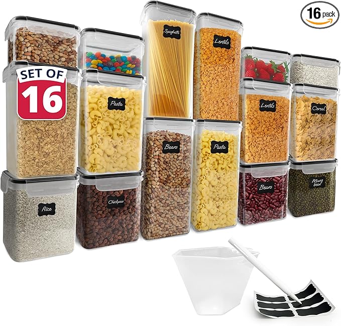 Reli. Airtight Food Storage Containers with Lids (16 Sets) | Kitchen Organizers and Storage Pantry Organizers | BPA Free Plastic Food Containers | Super Variety Pack w/Measuring Cup, 18 Labels, Pen