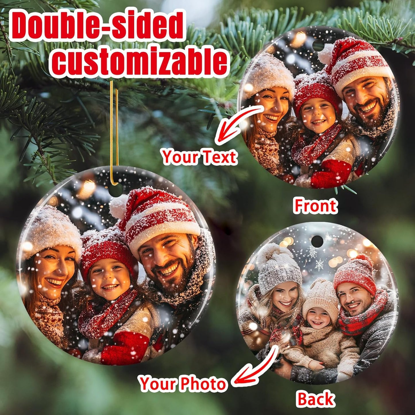 Personalized Christmas Ornaments 2025 - Custom Double-Sided Photo Ceramic Xmas Tree Hanging Decor, Unique for Family Friends (A04-Ceramic Style)