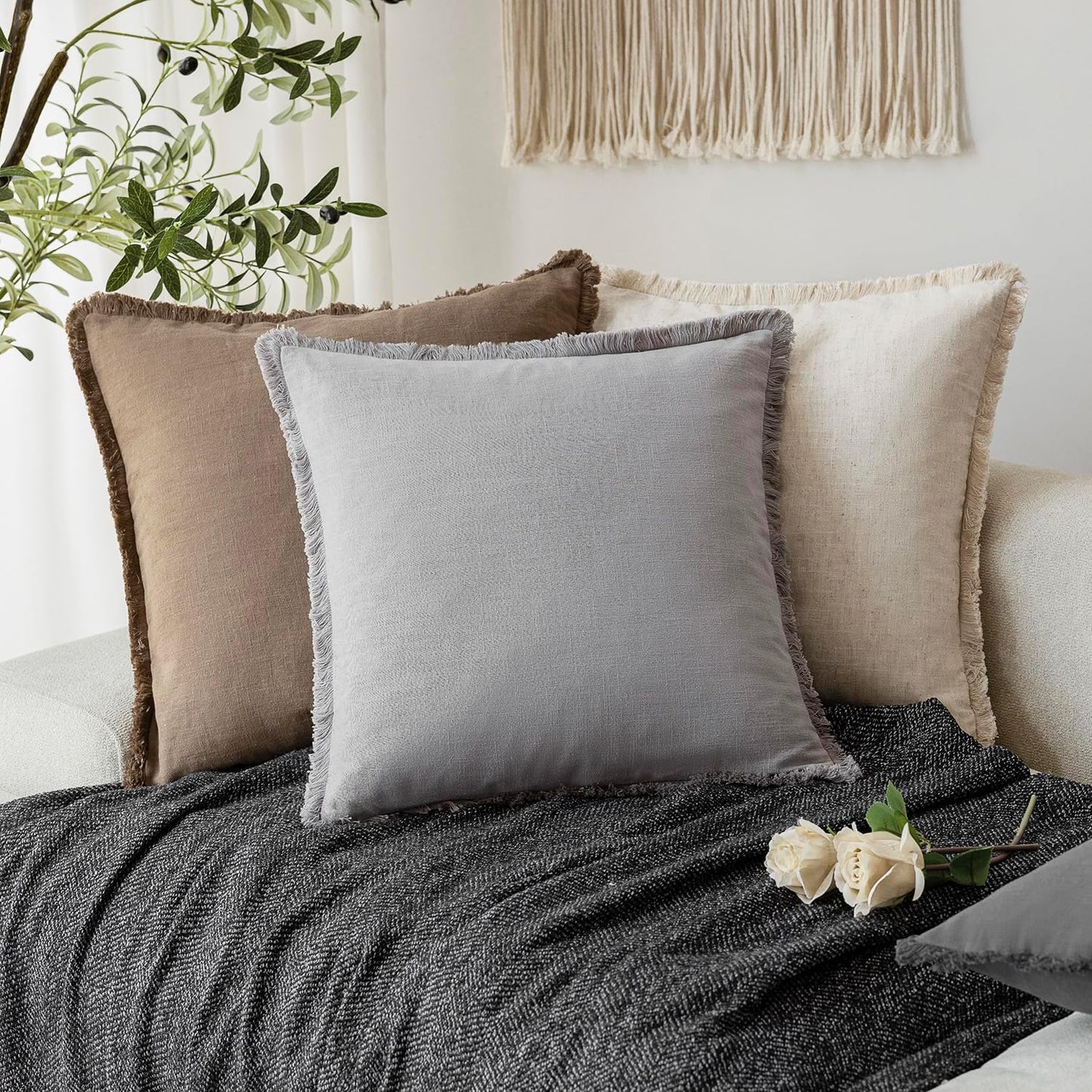 Foindtower Set of 2 Decorative Linen Fringe Throw Pillow Covers Cozy Boho Farmhouse Cushion Cover with Tassels Accent Pillowcase for Couch Sofa Bed Living Room Home Decor,26×26 Inch,Light Rustic Gray