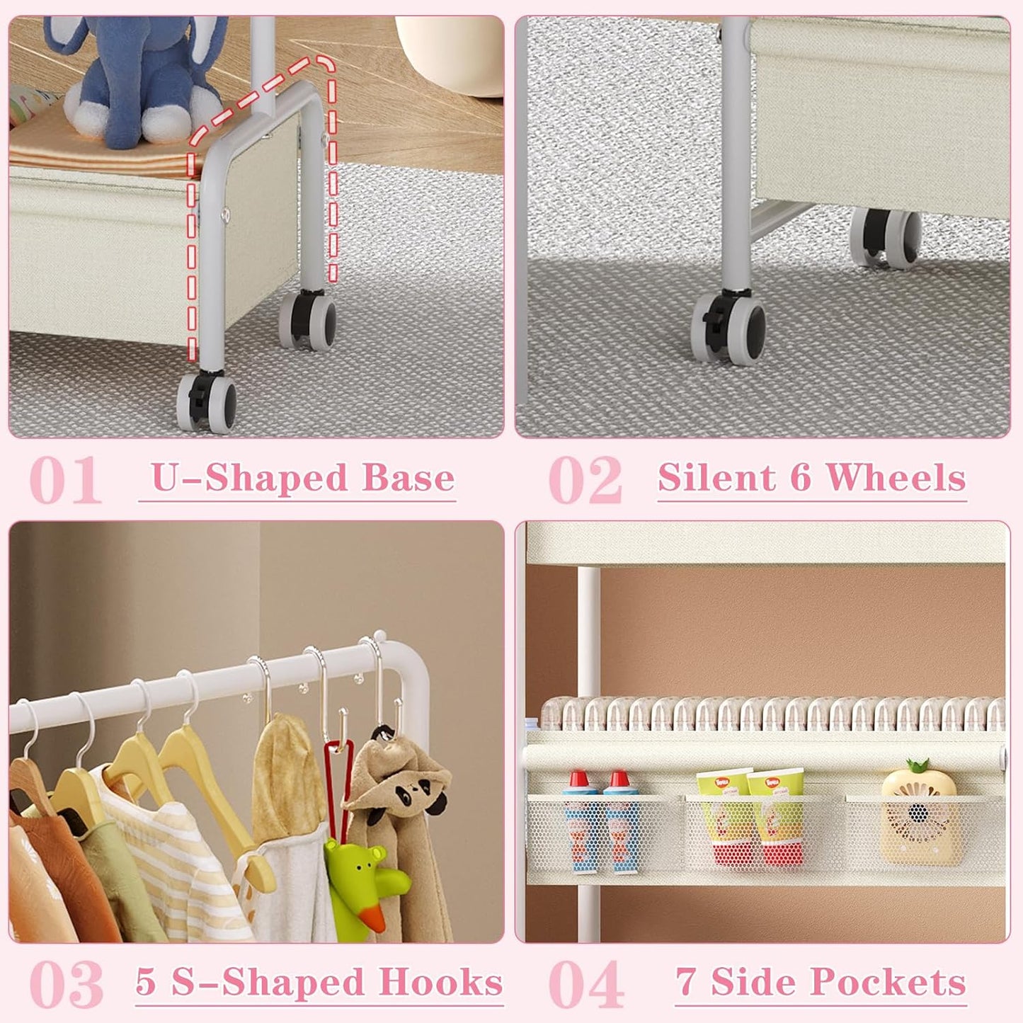 2in1 Baby Diaper Caddy & Clothes Organizer and Storage Rolling Cart, Large Capacity Nursery Organization For Baby Dresser,Changing Table, Crib, With 2 Dividers & 7 Pockets,White