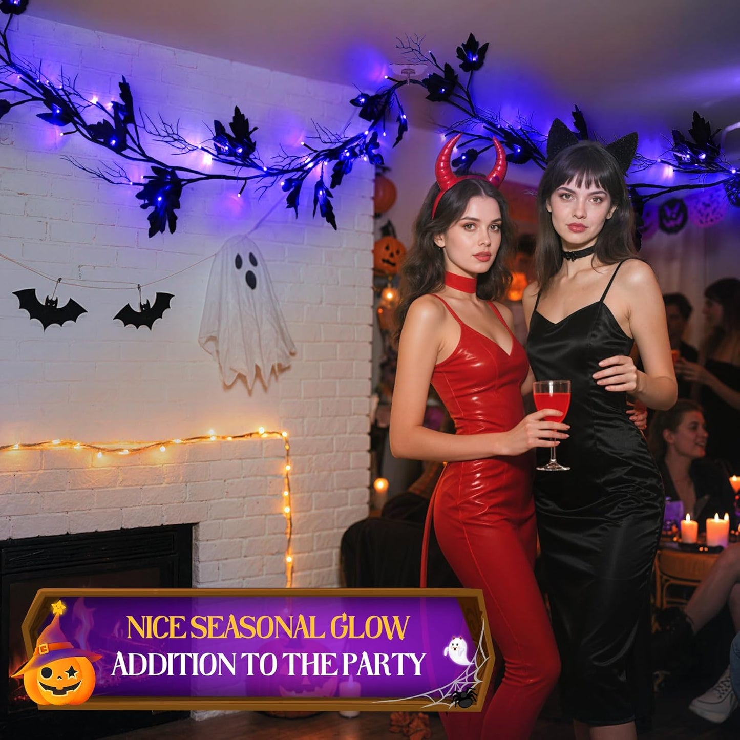 Halloween Lighted Willow Vine Twig Decoration, 6.56 FT Light up Garland Battery Operated with Purple LED Lights, 8 Modes and Timer, 12 Bat and Ghost Ornaments, 4 Adhesive Hooks