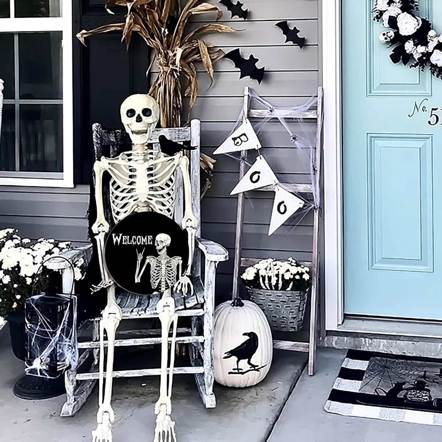 Halloween Decorations Wreath Halloween Skull Welcome Door Sign Front for Door Decoration, Rustic Wooden Holiday Decor for Front Door Porch Window Wall Farmhouse Indoor Outdoor