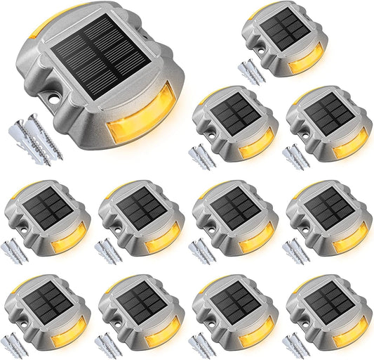 VOLISUN Solar Deck Lights, 12-Pack Led IP67 Waterproof Outdoor Warning Step Lights for Driveway, Sidewalk, Garden Pathway, Yard (Warm White)