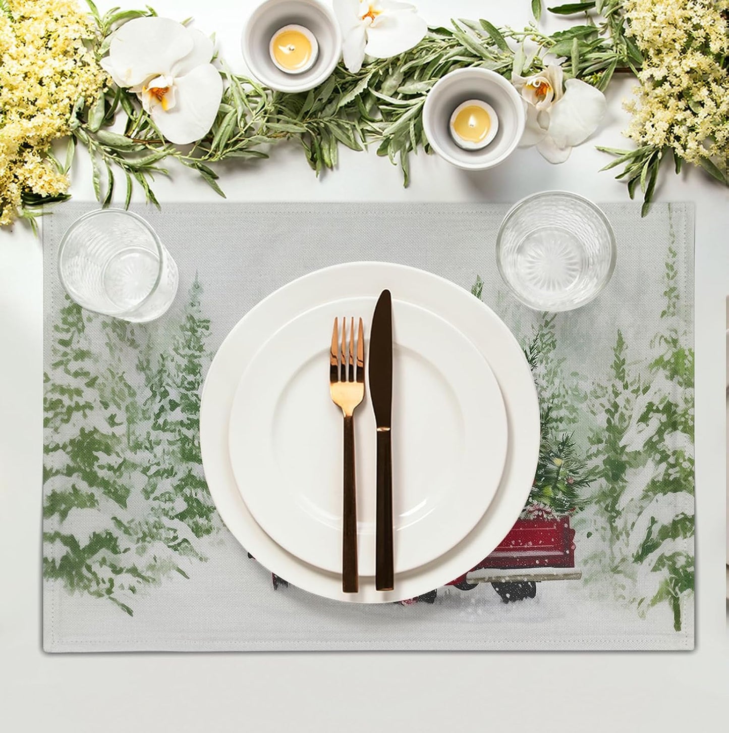 Red Truck Christmas Placemats Set of 4, 12x18 Inch Green Pine Tree Snow Xmas Table Mats Seasonal Rustic Farmhouse Linen Fabric Place Mats for Winter Holiday Party Kitchen Dining Decor