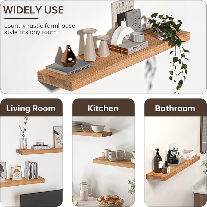 Floating Shelves for Wall, USA-Sourced Fir Wood 48 Inch Wall Shelves Set of 1, Natural Rustic Solid Wooden Floating Shelves Wall Mounted, Nursery Book Storage Shelf, Display Shelf for Bathroom